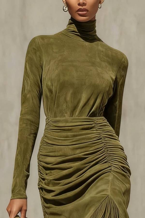 High-Neck Ruched Dress with Tassel Trim