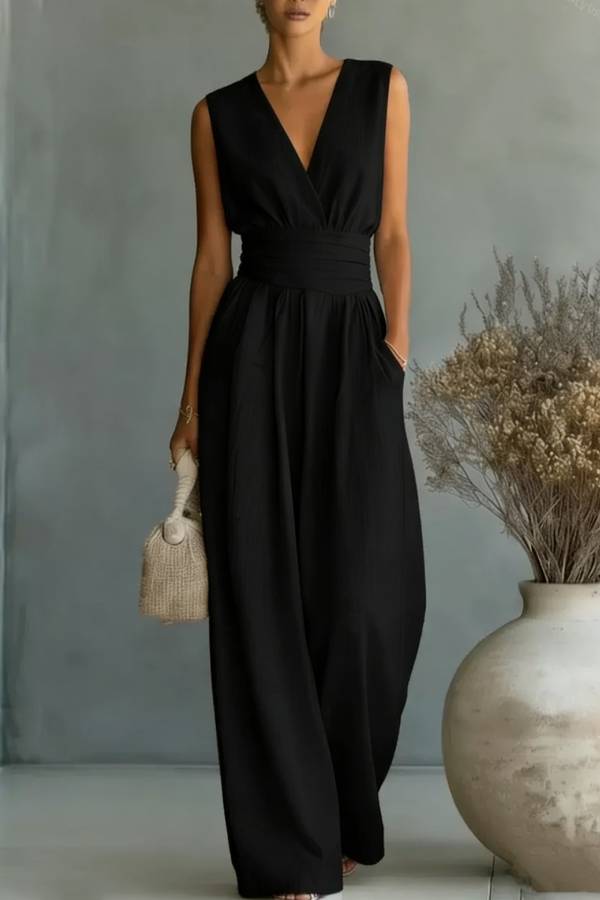 Sleeveless Wrap V-neck Ruched Waist Wide Leg Jumpsuit