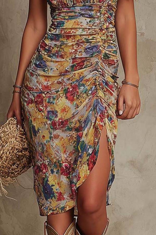 Vintage Oil Painting Floral Ruched Slip Dress