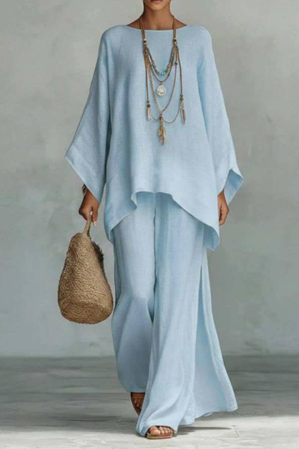 Linen-Style Oversized Top + Slit Wide-Leg Pants Set