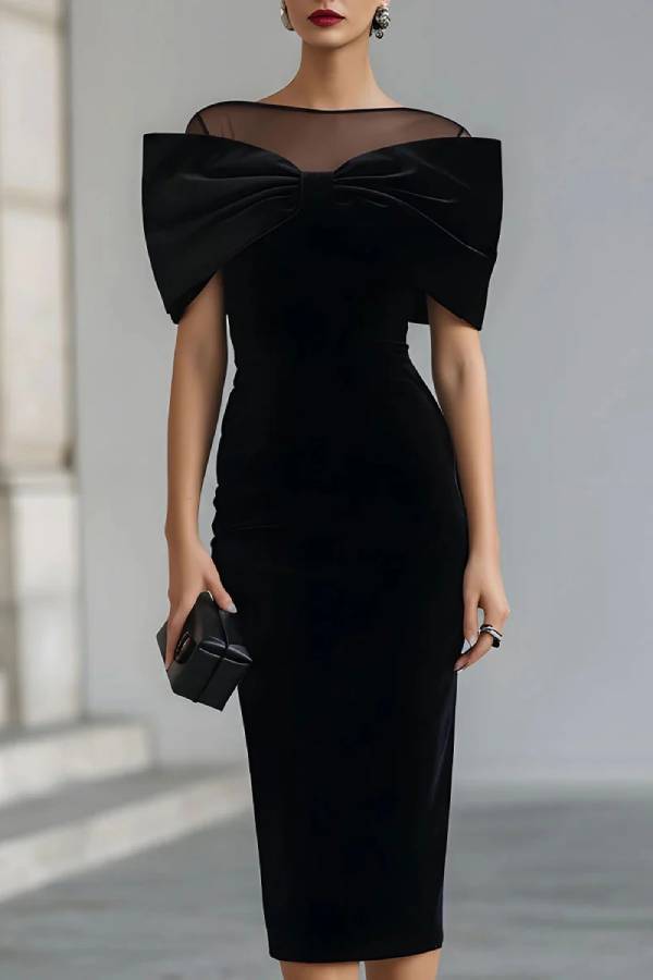 Dramatic Black Velvet Bow Midi Dress