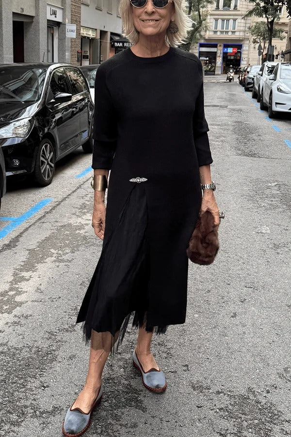 Jollie Knit Long Sleeve Front Slit Midi Sweater and Pleated Tulle Stretch Tank Midi Dress Two-piece Set