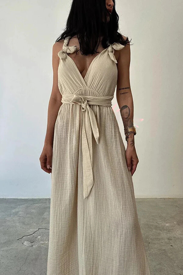 Whimsy and Wishes Linen Blend Back Cross Braids Slit Beach Maxi Dress