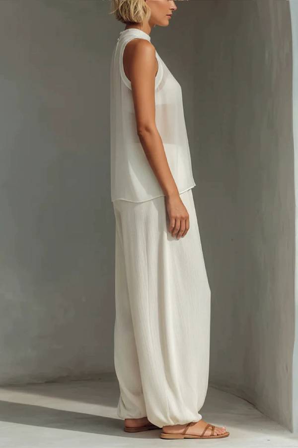 Crew Neck Sleeveless A-Line Top + Elastic Waist Wide-Leg Pants Set