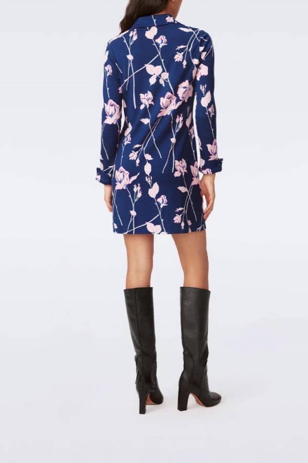 Floral print shirt collar long-sleeved straight dress
