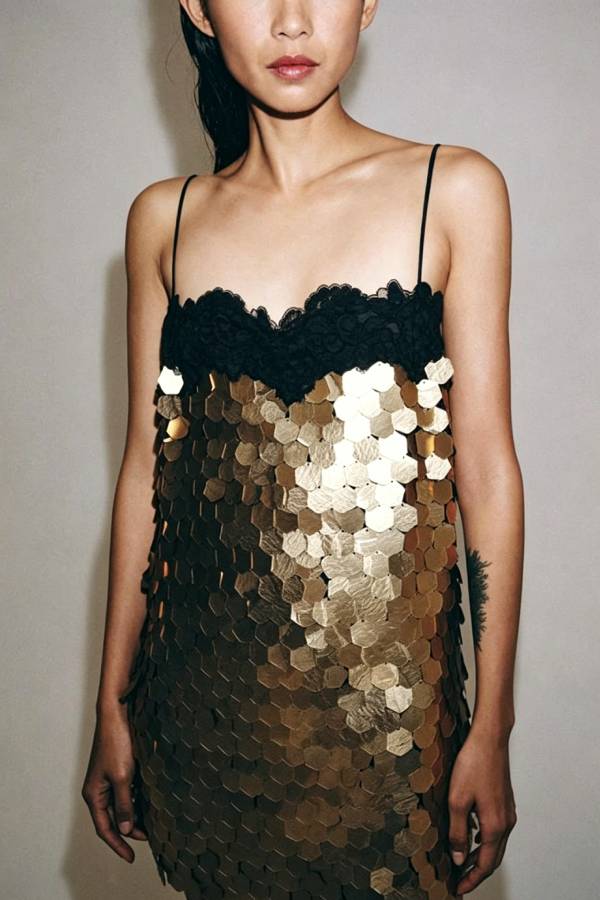 Vivica Large Sequin Contrast Lace Appliqué Detail Thin Straps H-line Mini Dress