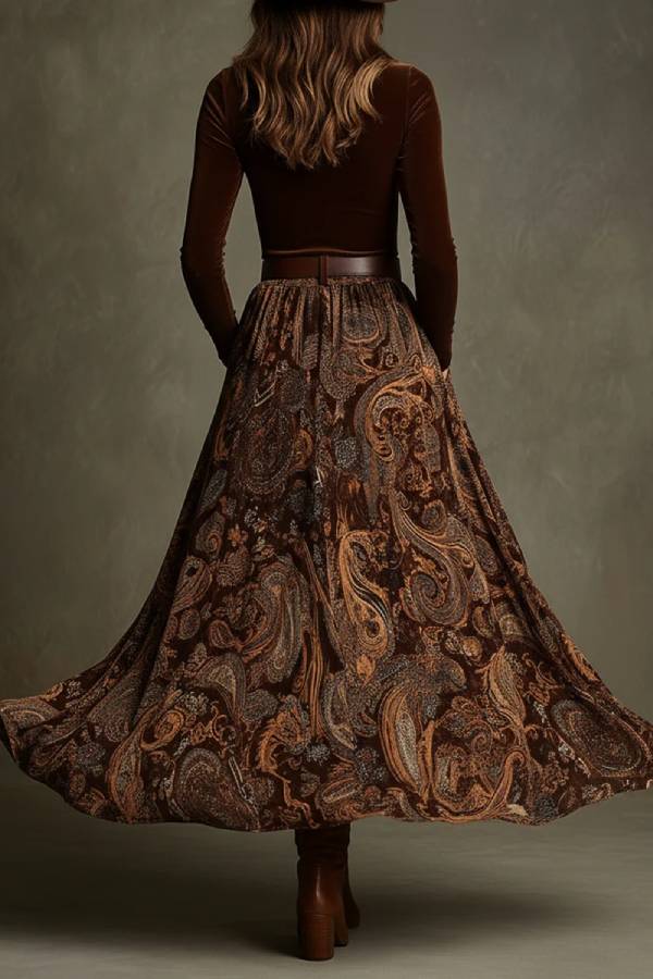 Vintage stretch fluwelen top en paisley print maxi rok set