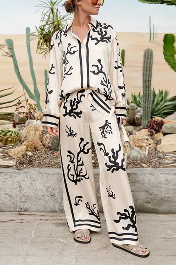 Flight And Comfortable Satin Unique Print Elastic Waist Pocketed Wide Leg Pants