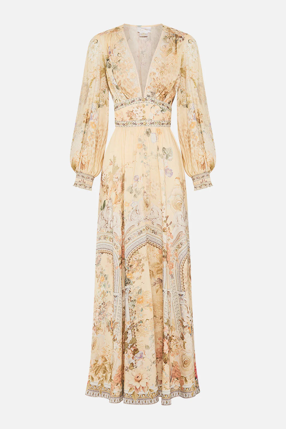 Art Print V-Neck Waisted Palace Style Maxi Dress