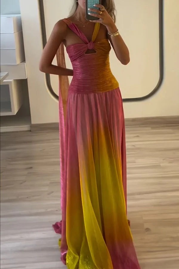Vireya Metallic Fabric Gradient Print Ruched Cutout Halter Maxi Dress