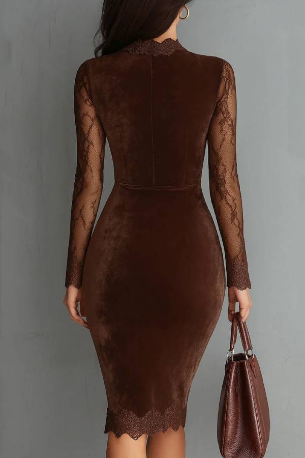 Brown Vintage Keyhole Neckline Lace Sleeve Velvet Mini Dress