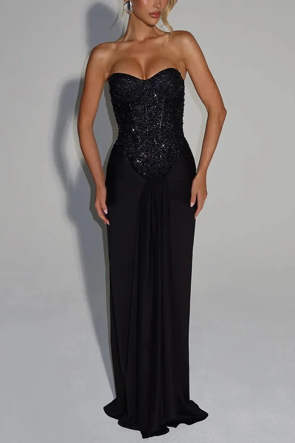 Carina Sequined and Satin Jersey Off Shoulder Ruched Knot Drape Maxi Dress