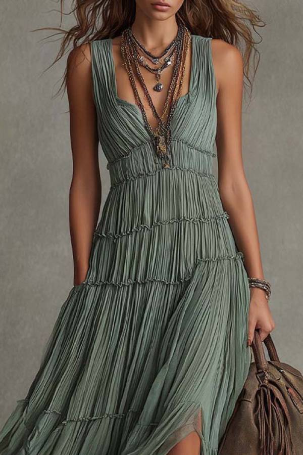 Sage Green Pleated Chiffon V-neck Flowing Maxi Dress