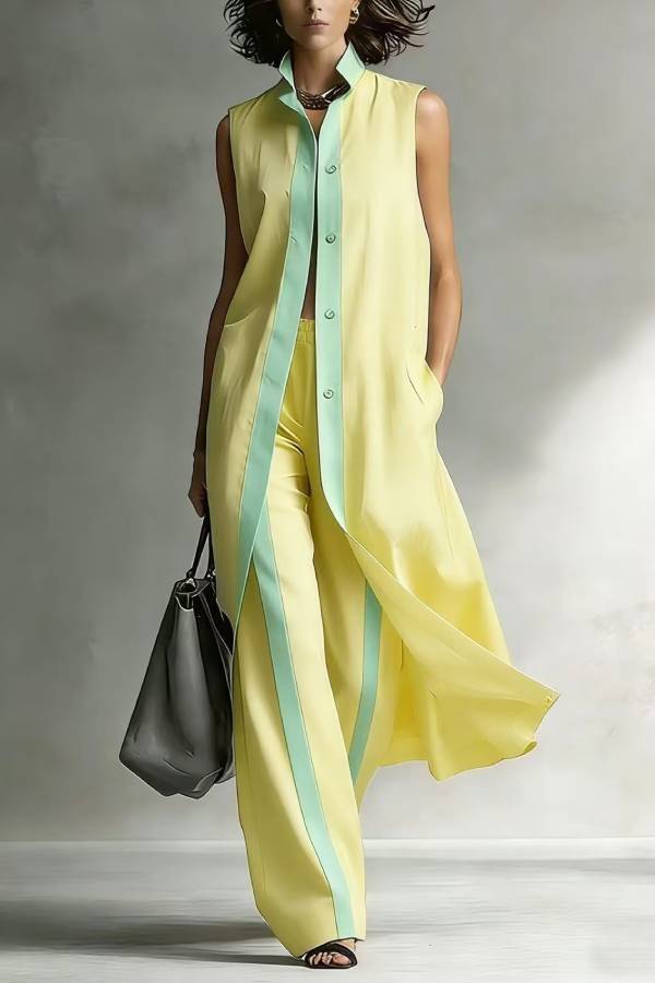 Color Block Trim Sleeveless Long Vest & Wide Leg Pants Two Piece Set