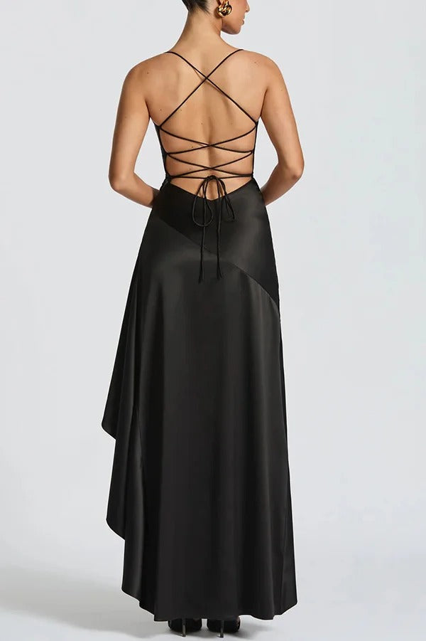 Solid Color Sexy Backless Lace-up Irregular Ruffled Maxi Dress