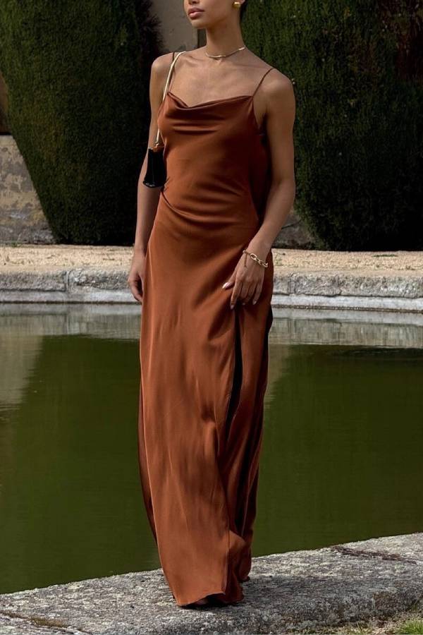 Sexy Elegant Satin Side High Slit Maxi Dress