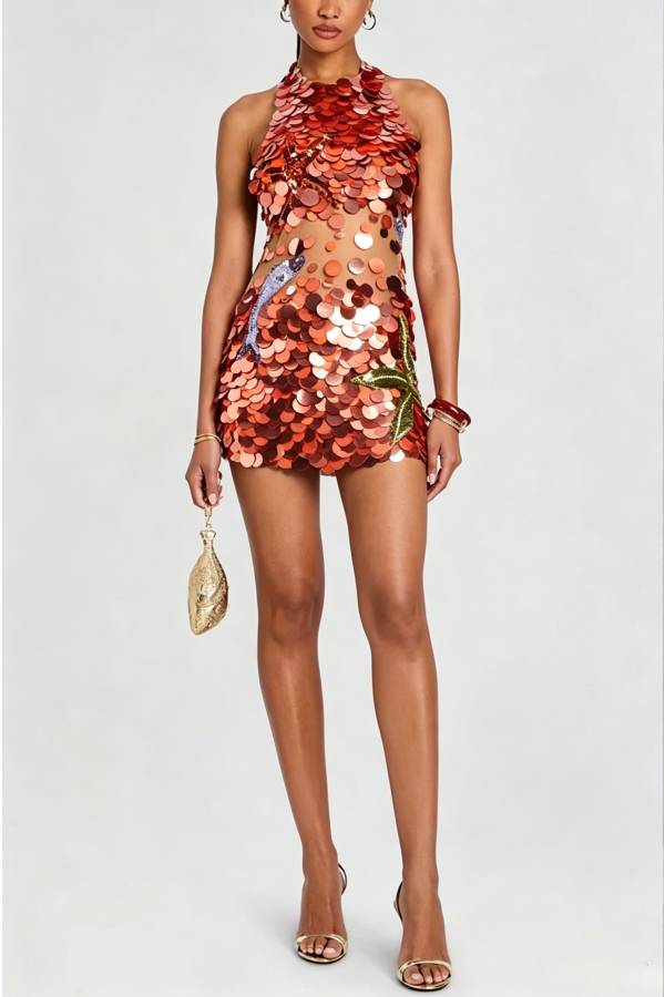 Dorothy Large Sequin Fish and Starfish Embroidery Detail Halter Mini Dress