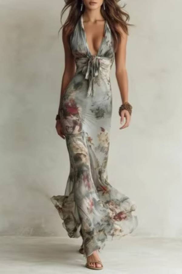 Watercolor Floral Halter Tie-Front Mermaid Maxi Dress