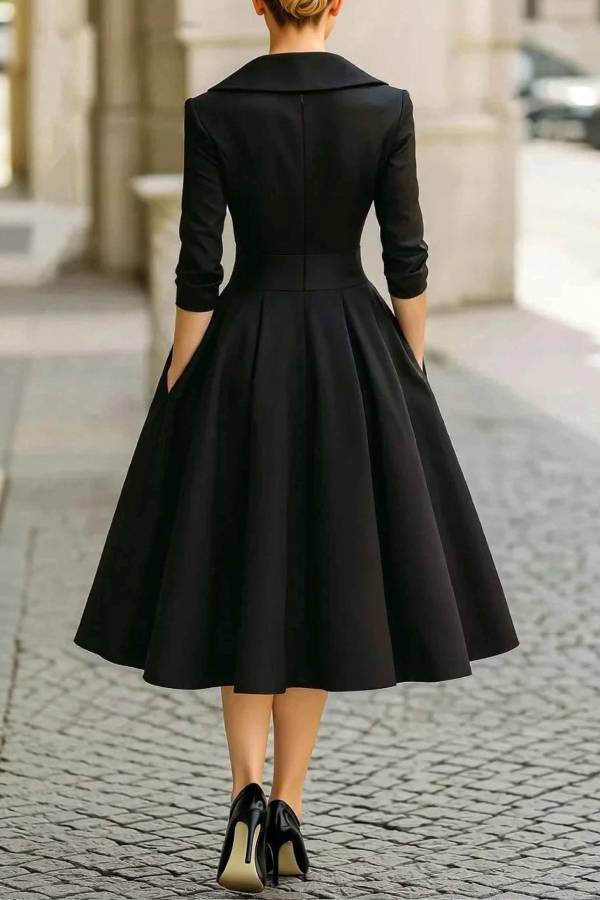 Elegant V-neck Long-sleeved Midi Dress