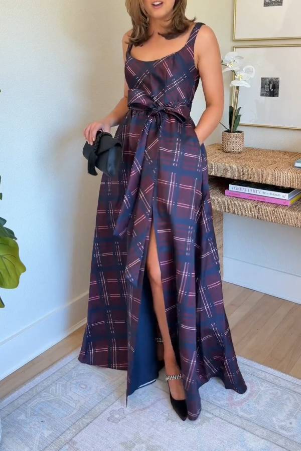 Plaid halter-neck belted slit long dress