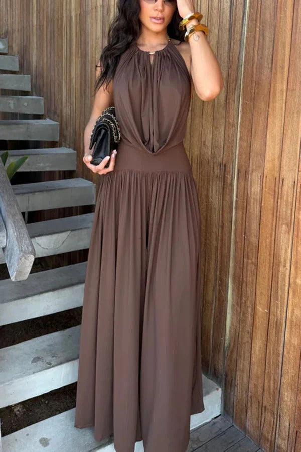 Lightweight Chic Metal Ring Drape Cowl Halter Neck Bodysuit and Elastic Waist Wide Leg Pants Set