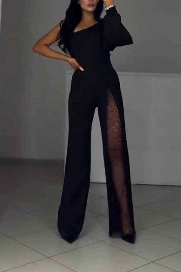 One-shoulder mesh slit wide-leg jumpsuit