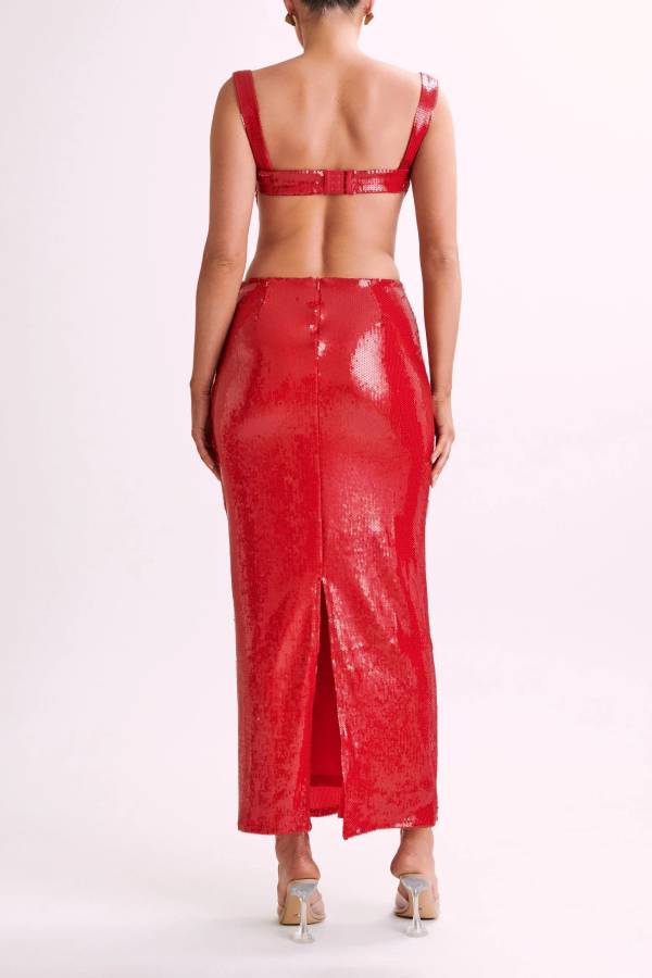 Eye Catching Sequin Cutout Waist Wide Strap Bacakless Maxi Dress