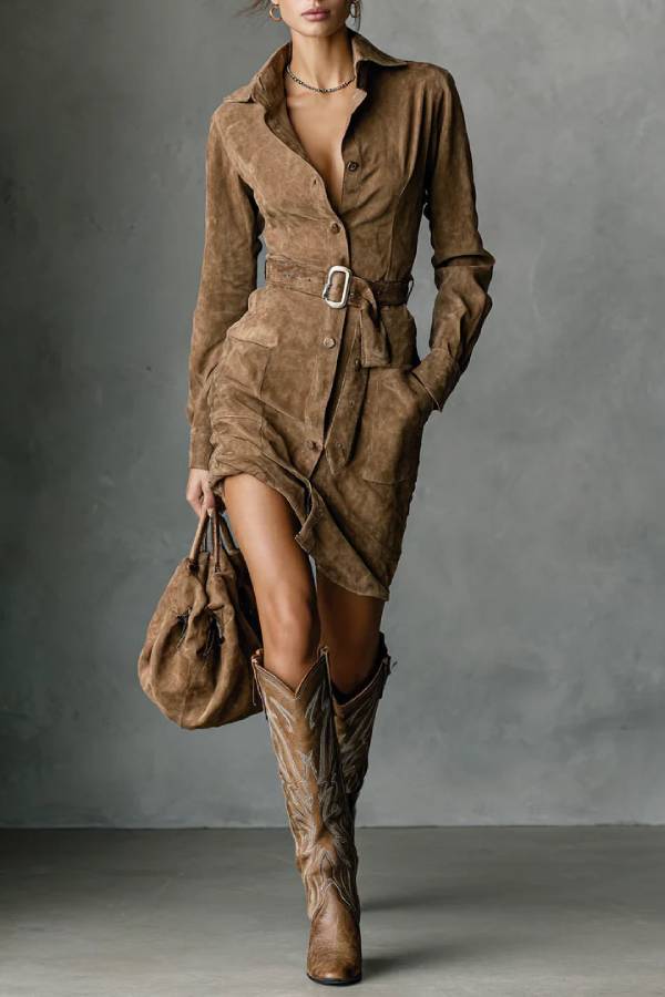 Suede Single Breasted Lapel Long Sleeve Midi Dress