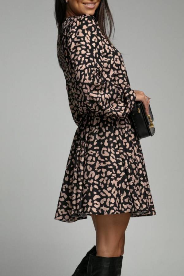 Tie-waist printed dress with lantern sleeves