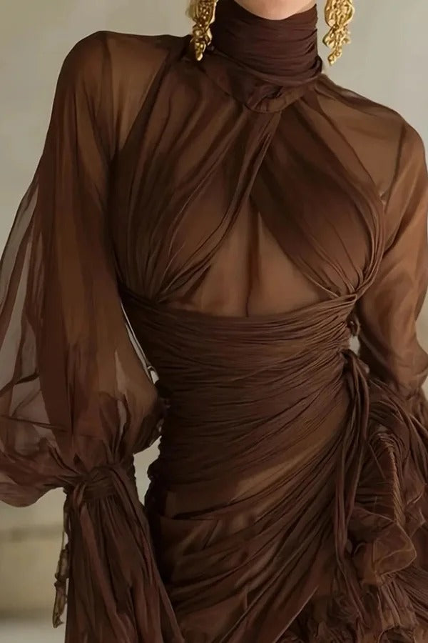 Sexy See-through Mesh High-neck Waist Pleated Ruffle Mini Dress