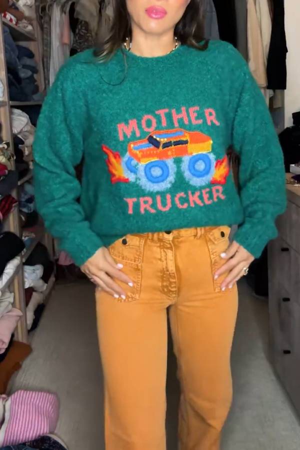 Trucker Alpaca Blend Graphic Crewneck Sweater