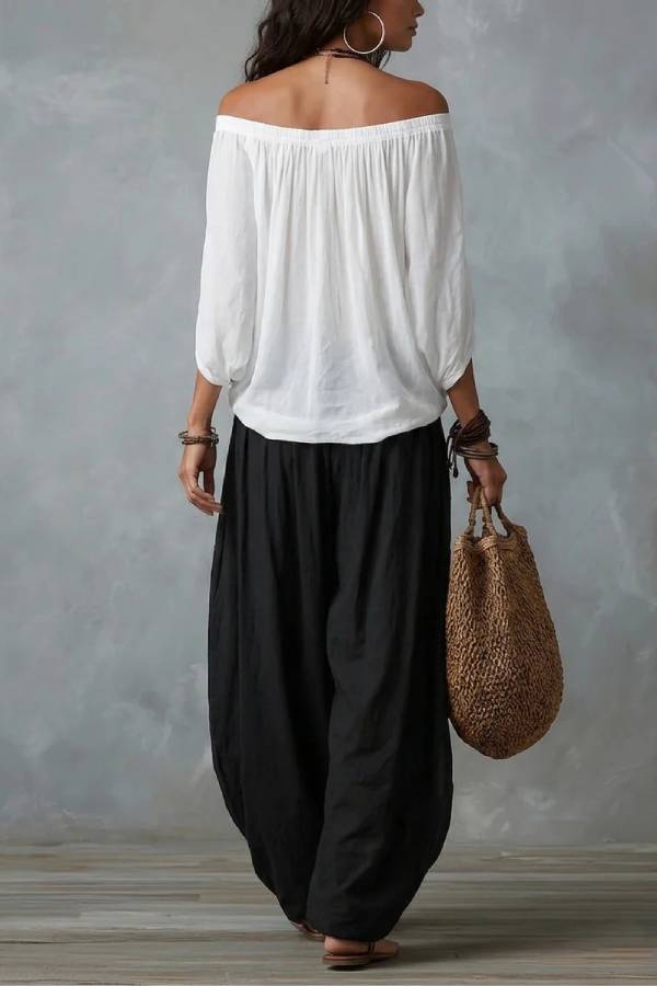 White Off-the-shoulder Top And Loose-fitting Lantern Pants Set
