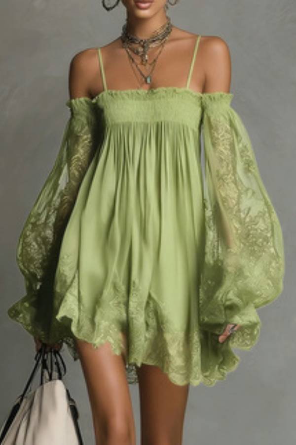 Spaghetti Strap Off-Shoulder Lace Lantern Sleeve Mini Dress