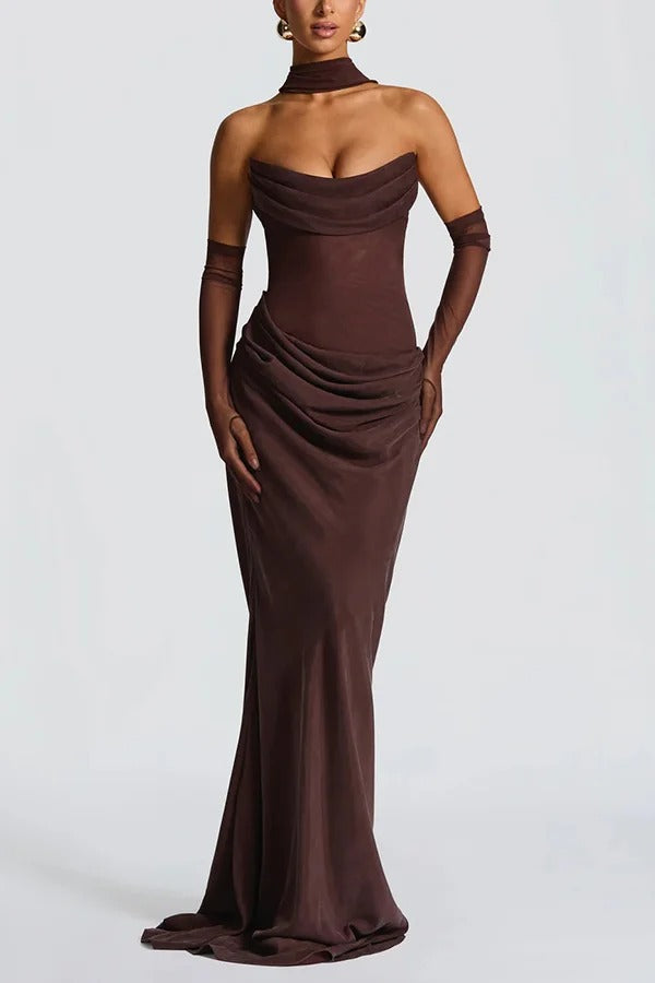 Liora Ruched Cowl Neck Sheer Mesh Waist Off Shoulder Scarf Maxi Dress