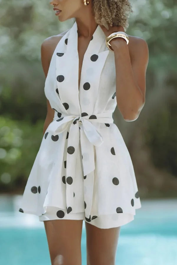 Gabby Linen Blend Polka Dot Tie-up Lapel Halter Vest and Metal Ring Belt Loose Shorts Set