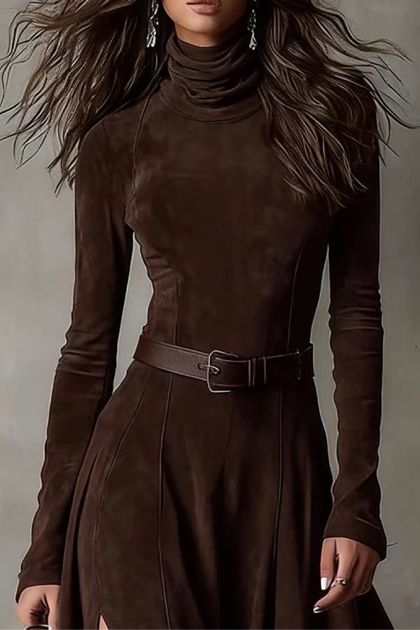 Dark Brown Faux Suede Turtleneck Long Sleeve Slit Maxi Dress