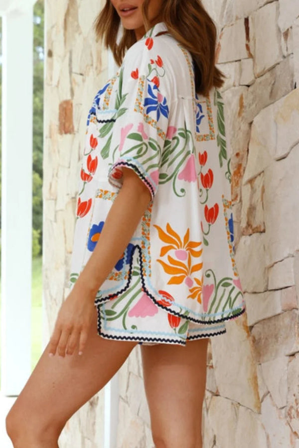 Colorful Flowers Print Two -piece Suit
