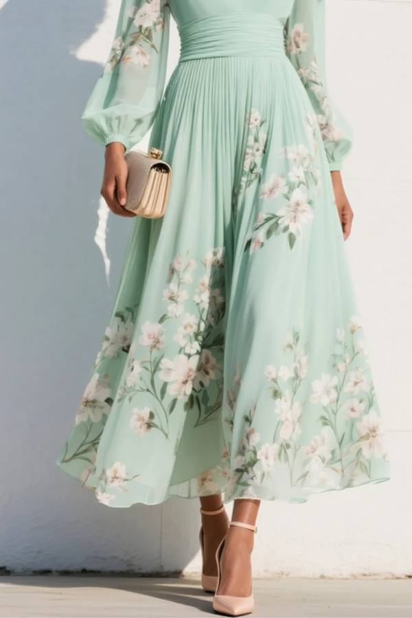 Light Green V-Neck Chiffon Pleated Floral Midi Dress