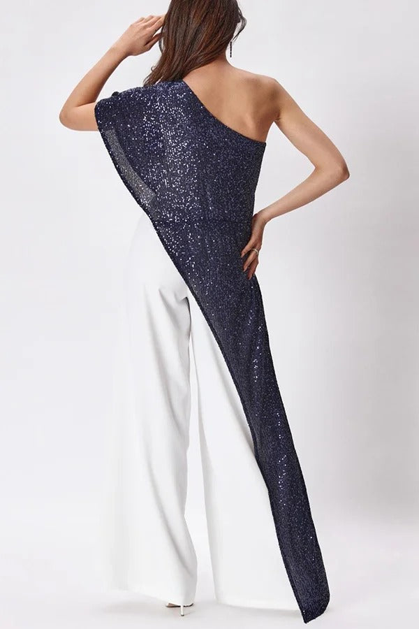 Party Favors Sequin One Shoulder Ruffle Detail Wide Leg Evening Jumpsuit