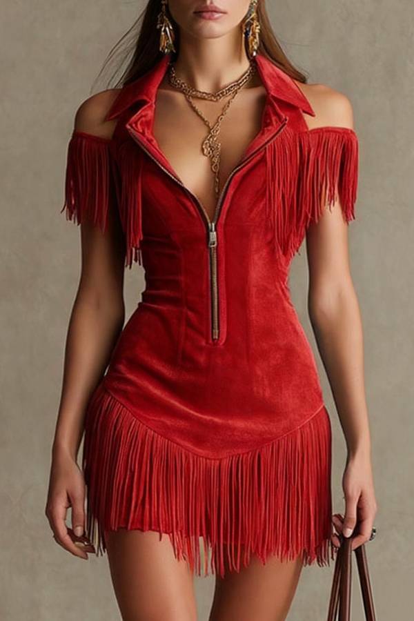 Western-Style Lapel Zipper Tassel Slim-Fit Mini Dress