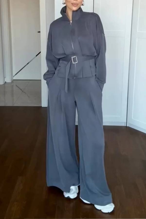 Stand-up collar belted wide-leg suit