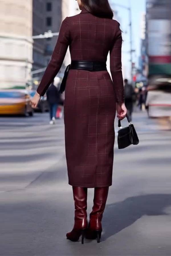 Tie-waisted elegant long woolen dress