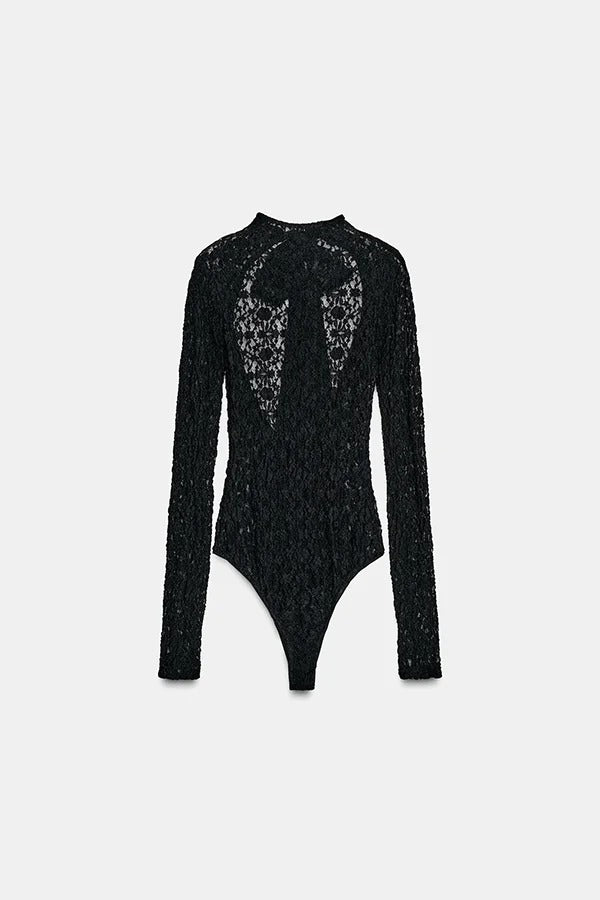 Anna Semi-sheer Lace Long Sleeve Back Bow Tie-up Cutout Stretch Bodysuit