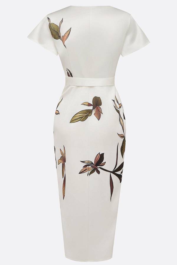 White Leaf Short Sleeve Satin Wrap Sheath Midi Dress