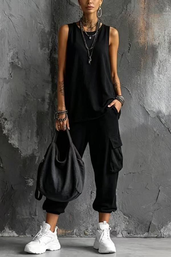 Casual Sleeveless Tank Top & Jogger Cargo Pants Set