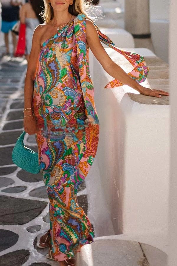 Rainbow Breeze Satin Unique Print Bow One Shoulder Loose Maxi Dress