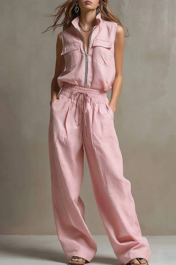 Stand Collar Half-Zip Utility Vest & Wide-Leg Pants Set