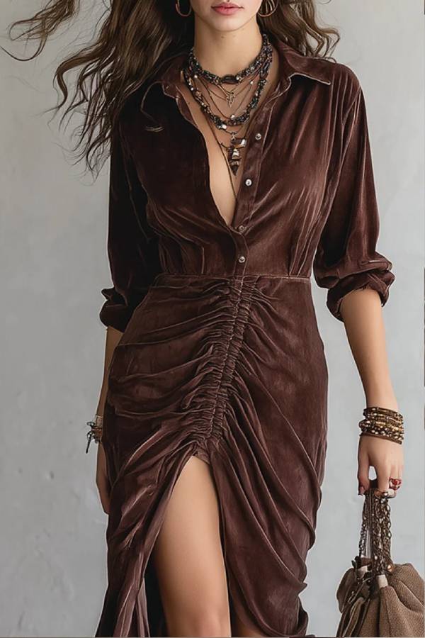 Vintage pleated velvet midi dress with buttons