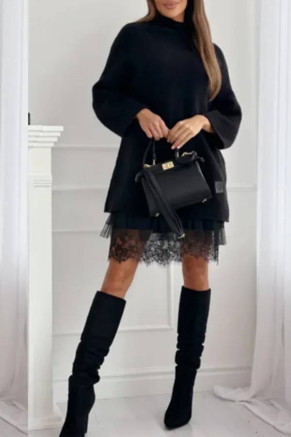 High-neck lace-trimmed long sweater