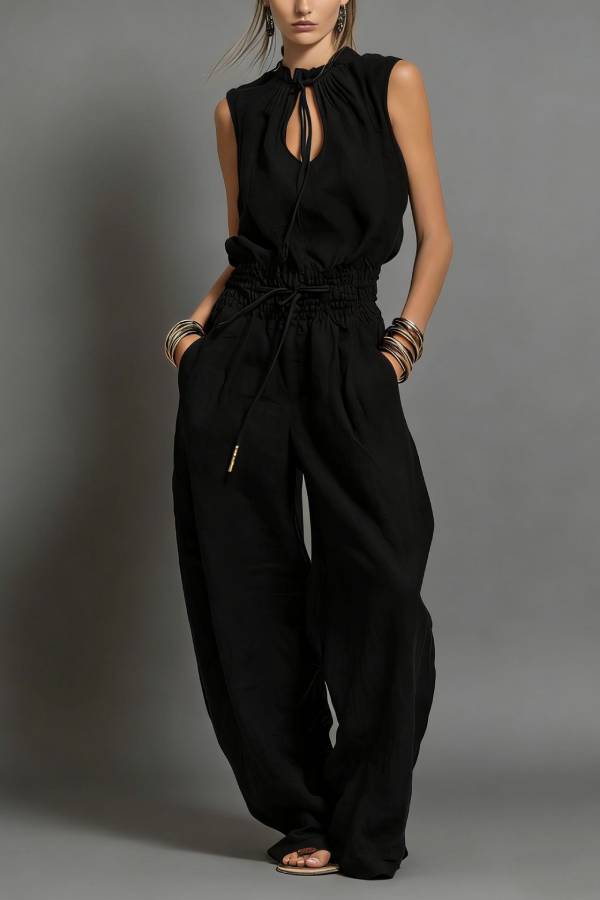 Ruffle Neck Drawstring Sleeveless Wide-Leg Jumpsuit